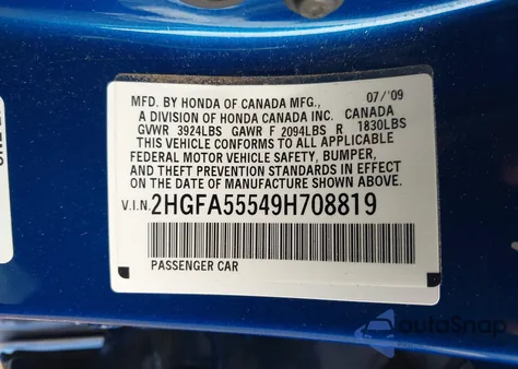 2009 Honda Civic Si z USA, uszkodzony, nr VIN 2HGFA55549H708819